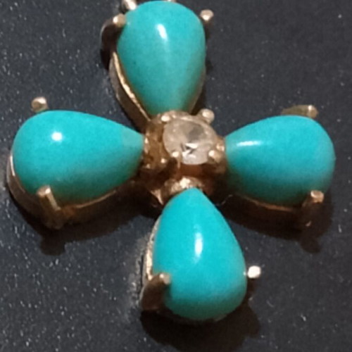 14K Gold Vintage Cross with Turquoise and Zircon