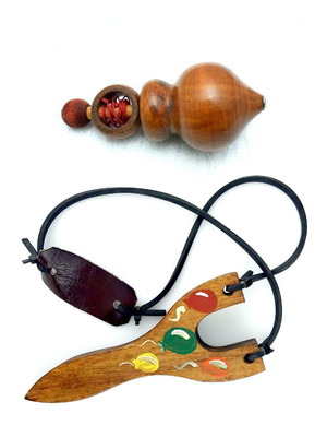 Wooden toys slingshot and spinning top made of oak new