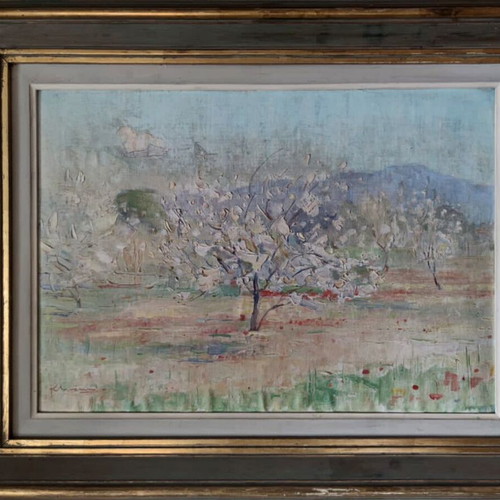 Oil painting used, blossoming landscape with frame