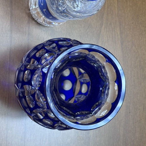 Vintage handmade ultramarine blue glass vase with geometric optical art