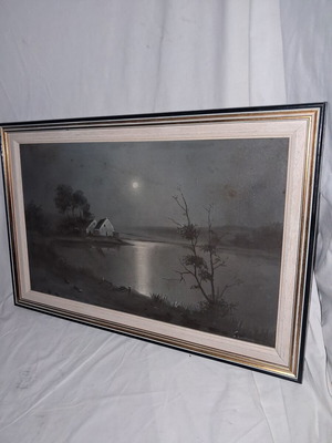 Signed oil painting "Moonlight on the Lake" used, old canvas and authentic stretcher