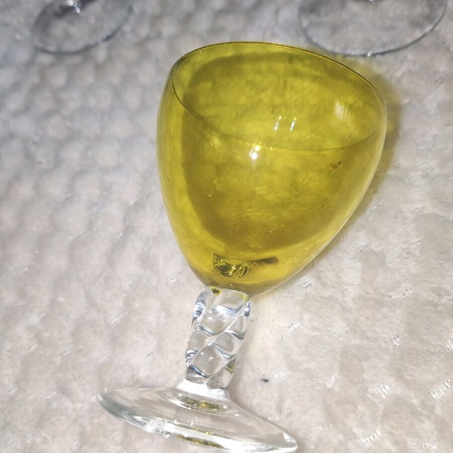 Vintage liqueur glasses, 5 rare colored pieces from France