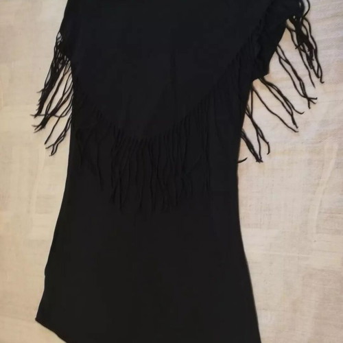 Blouse with fringes used, black 3/4 length, smile neckline