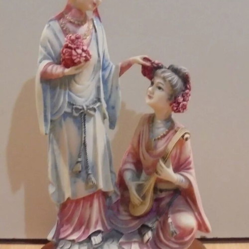 Chinese mother with daughter old small porcelain decorative statue on wooden base used