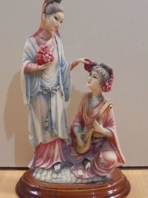 Chinese mother with daughter old small porcelain decorative statue on wooden base used