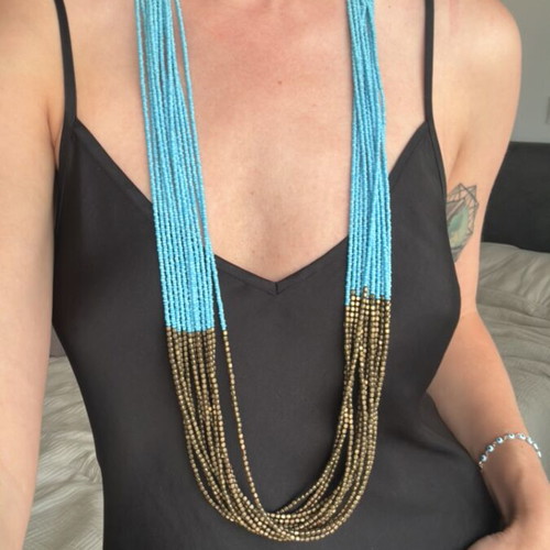 Multi-Strand Turquoise and Gold Tone Beaded Necklace used vintage boho style