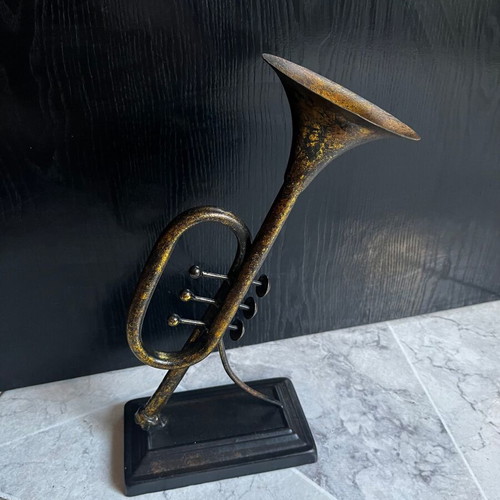 Vintage decorative musical instrument 30 cm with base, bronze finish