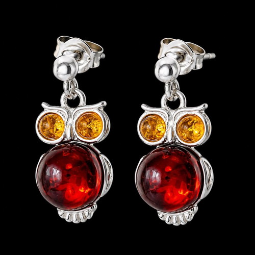Amber Owl Earrings, Sterling Silver 925, Natural Baltic Amber