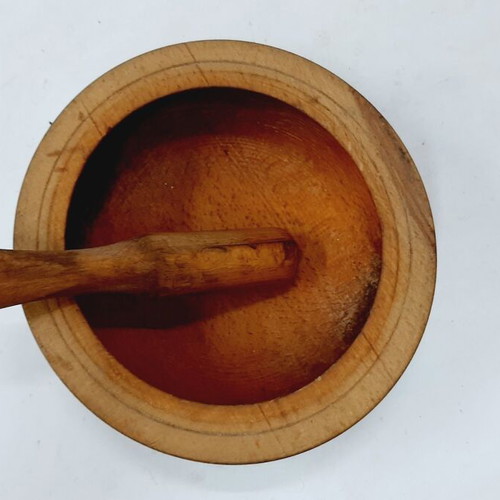 Vintage wooden mortar and pestle, handmade, used