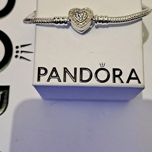 Pandora bracelet new with heart clasp and white zircon stones, sizes 18 and 20 cm