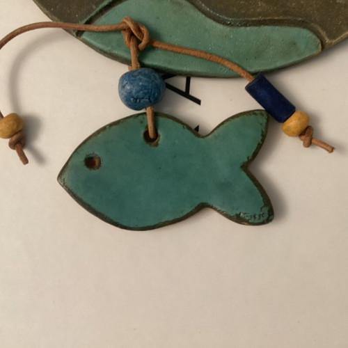 Ceramic hanging boat with fish wall decor
