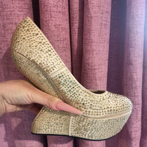 Sexy champagne platform shoes with rhinestones and unique heel like new