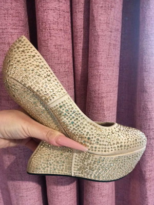 Sexy champagne platform shoes with rhinestones and unique heel like new