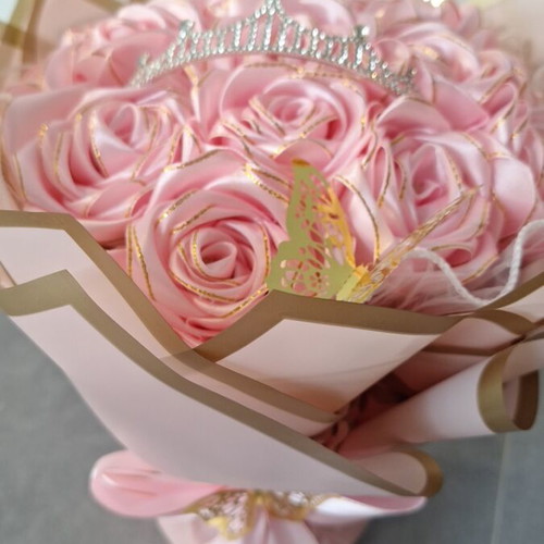 Handmade satin rose bouquet with tiara and golden butterflies