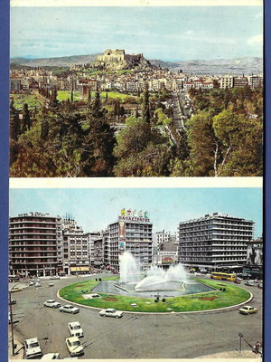 Athens view of Acropolis and Omonia Square used postcard