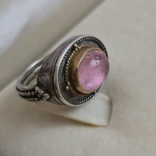 Silver 925 and gold 750 ring with tourmaline, Byzantine style, size 48
