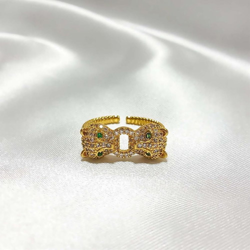 Adjustable gold-plated panther ring with zircon, new