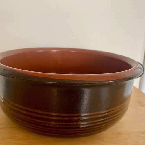 Vintage Ceramic Pottery Clay Casserole Used, 1950s Rustic Kitchenware