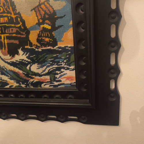 Vintage Embroidered Textile Painting with Dutch Ships like new