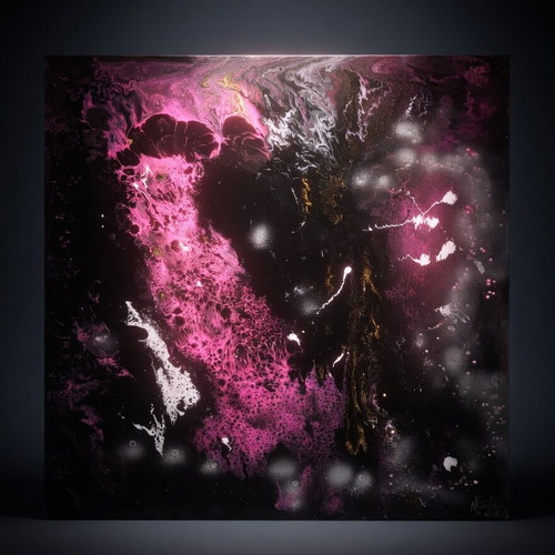 Cosmic Sakura Fluid Art Painting 70x70 cm new with gold accents