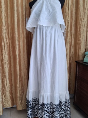Cotton white summer dress with black lace trim