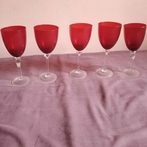 Set of 5 stemmed glasses like new, red blown glass