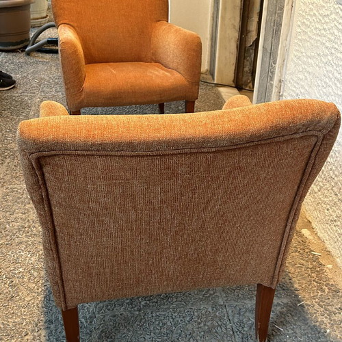 Armchair set vintage used, terracotta color, wooden legs
