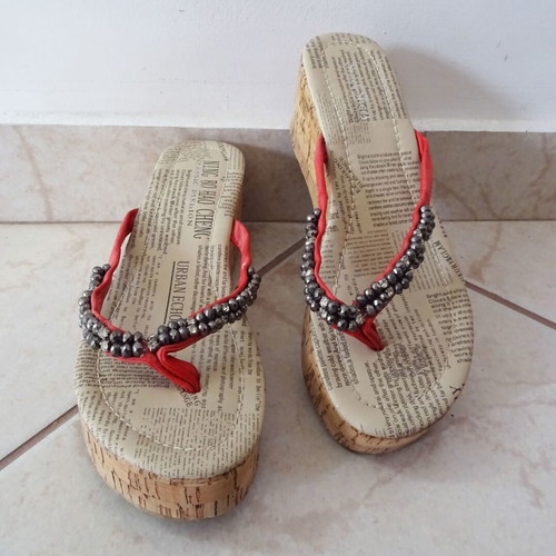 Platforms like new with unique decorated motif and beads, size 37, beige and red
