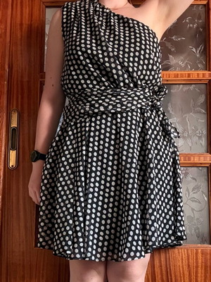 BSB polka dot dress with one shoulder and tie, new, black and white