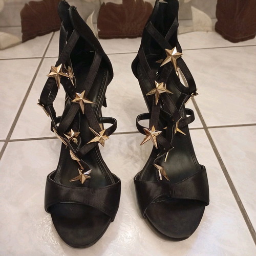 Migato black satin sandals with gold stars like new, size 39