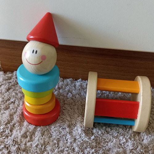 Wooden colorful Tooky Toy rattles like new, set of 2
