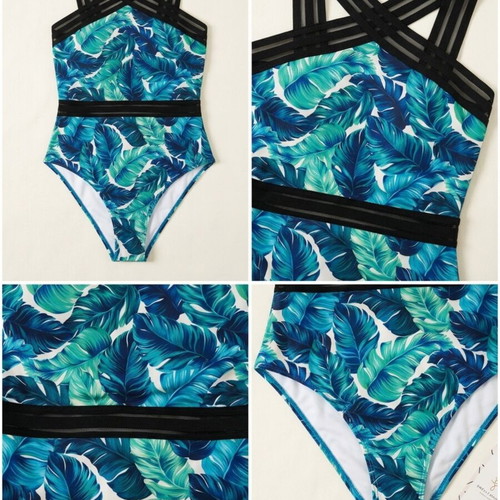 Exotic Leaf One-Piece Swimsuit new, tropical print with mesh details