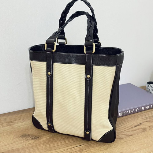Massimo Dutti leather and cotton tote bag, dark brown and ecru