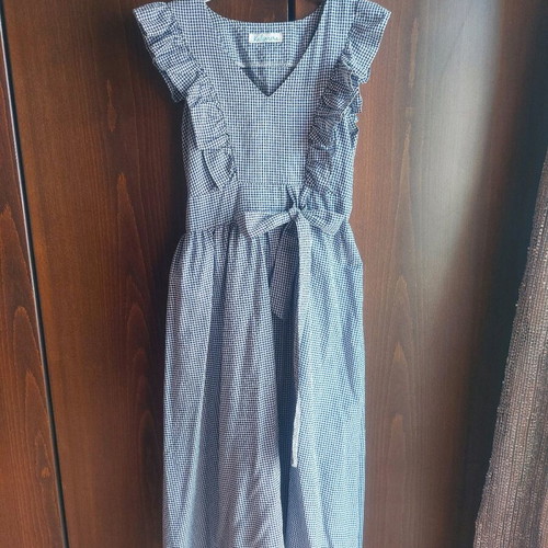 Midi checked navy dress like new with belt and lining