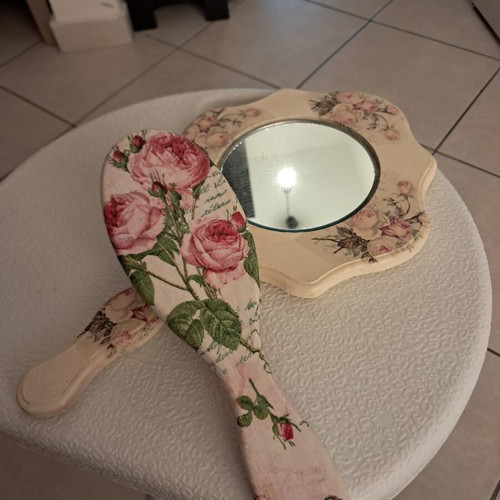 Vintage hand mirror and comb set, handmade