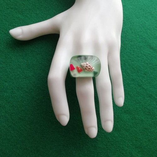 Blown glass ring with shell in transparent green color new