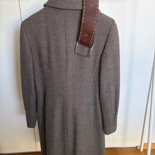Depolo wool coat with leather belt used, herringbone pattern, size S