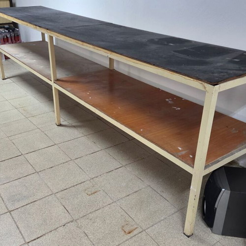 Workbenches used, set of 2 with solid iron frame and shelves