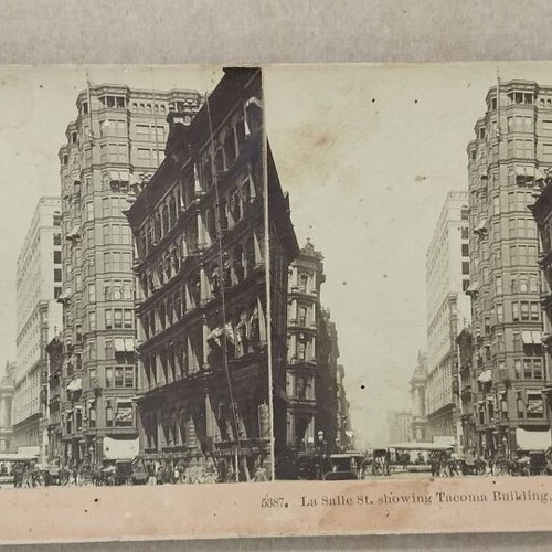 Vintage stereoscopic photo used, La Salle St. Tacoma Building 1897