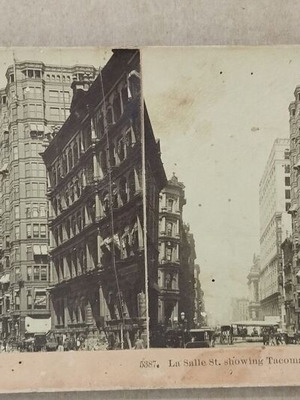 Vintage stereoscopic photo used, La Salle St. Tacoma Building 1897