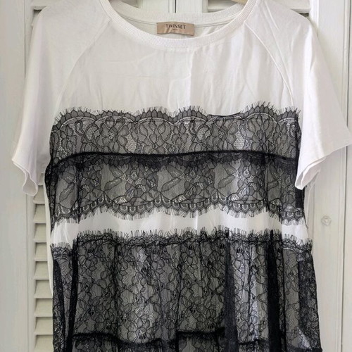 Twinset Milano women's T-shirt with integrated black lace like new, white