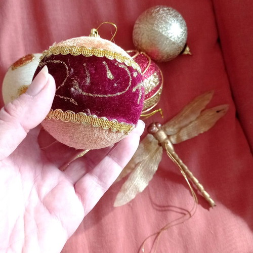 Golden Christmas balls used, set of 5 with dragonfly ornament