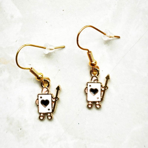 Handmade earrings playing card design, like new, white and gold