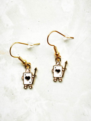 Handmade earrings playing card design, like new, white and gold