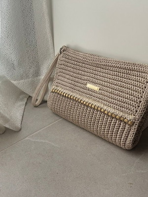 Knitted handmade bag new, beige and gold