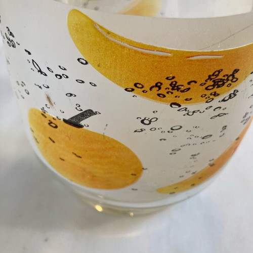 Large vintage glass jar decorated with yellow fruit and black bubbles like new