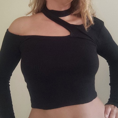 Bershka black ribbed crop top with neck button and smile cutout, size S