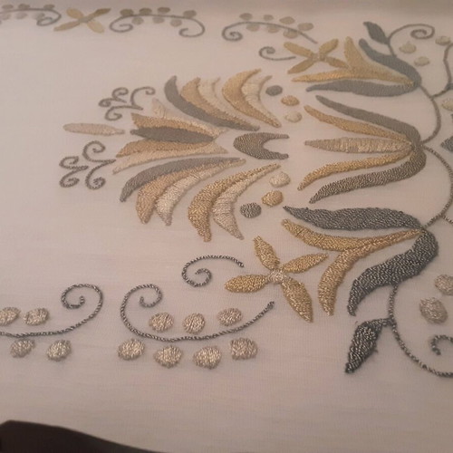 Wooden tray with handmade embroidery used, vintage