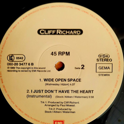 Cliff Richard I Just Don't Have The Heart 12" vinyl single, pop rock