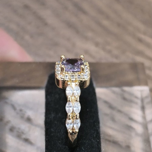 Gold ring with purple square zircon and white stones, adjustable